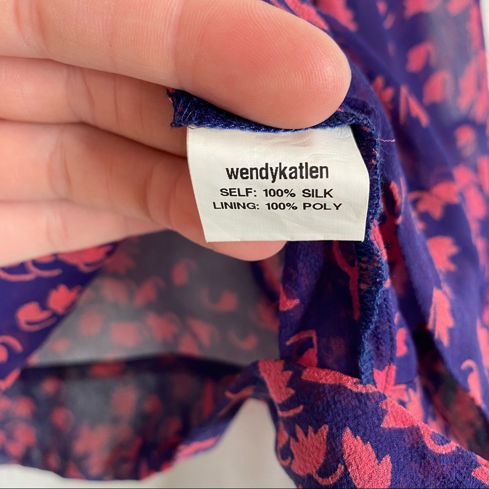 Wendy Katlen Blue Pink Floral Silk Sheer Blouse - Picture 10 of 12